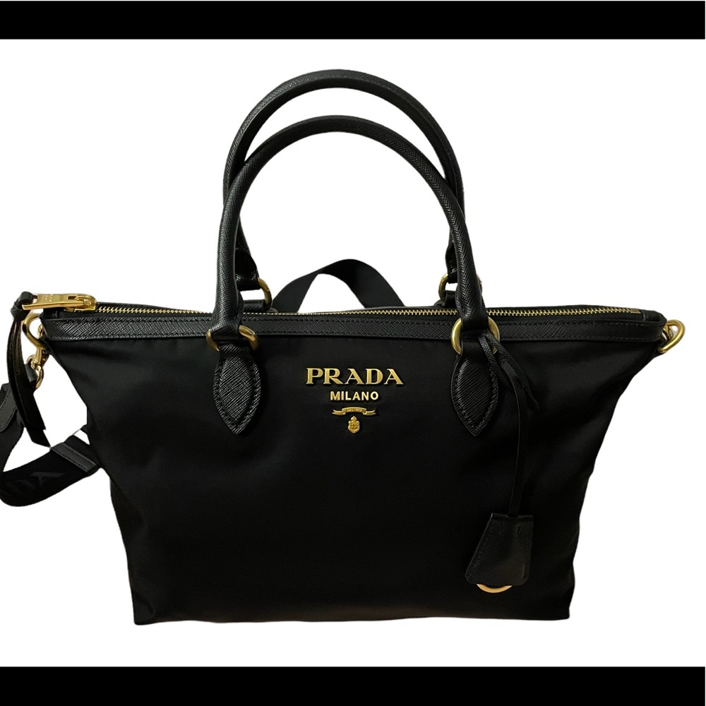 Prada Black Tessuto Nylon Two Way satchel handbag